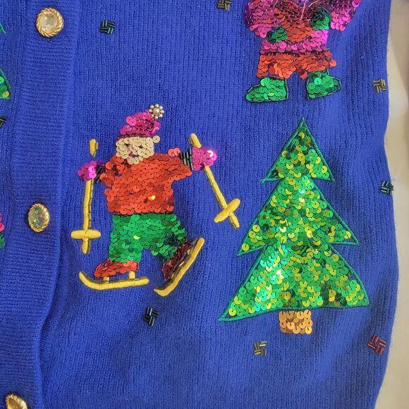 VTG Marisa Christina Classics Lambswool Angora Christmas Sequin Cardigan Blue S - Picture 13 of 16